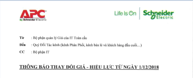 Thông báo thay đổi giá - hiệu lực từ ngày 1/12/2018